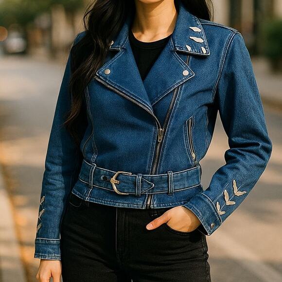 Vintage Jackets & Blazers - GANTOS Vintage 80's Denim Silver-Laced Motorcycle Jacket Size Small